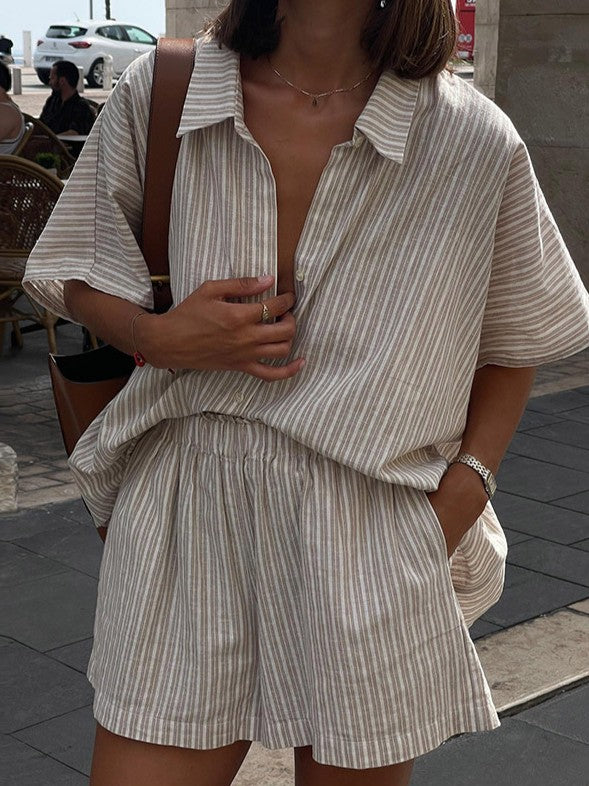 ストライプルーズ半袖シャツショーツセット