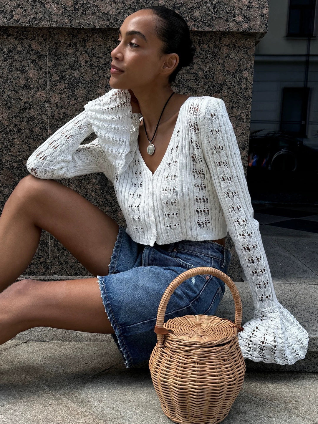 フレアスリーブレースクロップドカーディガン