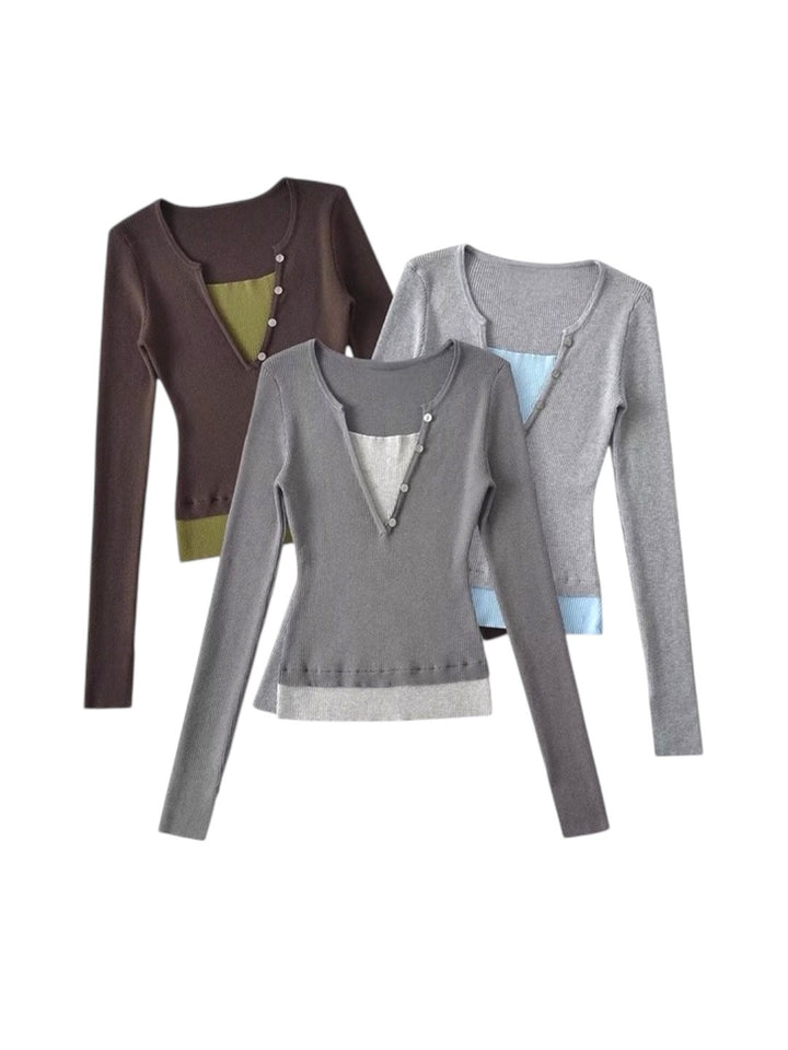 レイヤードバイカラーリブニットトップス