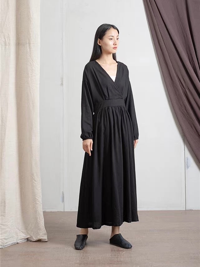 ナチュラルリネンフレア切り替えロングワンピース