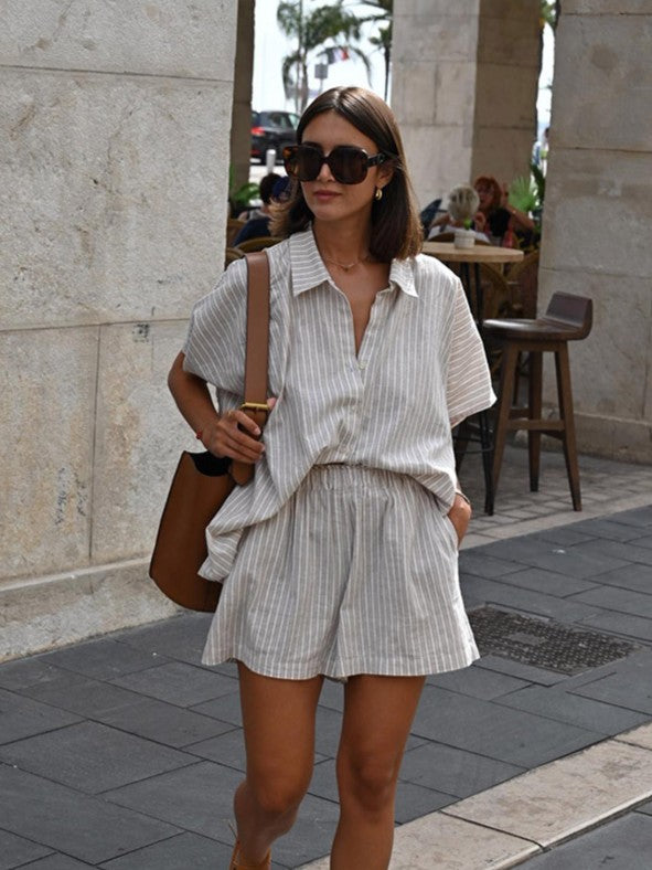 ストライプルーズ半袖シャツショーツセット