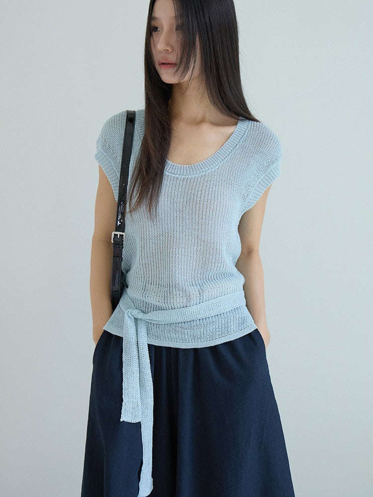 シアーサマーニットリボン付きトップス