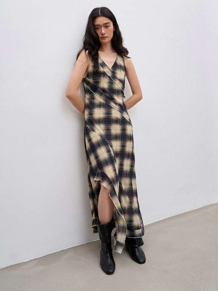 サイドフリルスリットチェックワンピース
