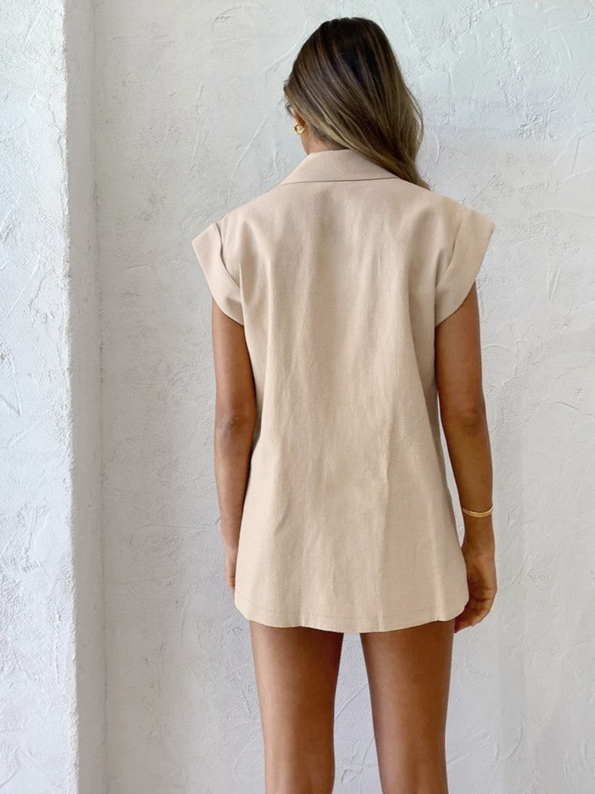 リネンブレンドスリーブレスジャケットショーツセット