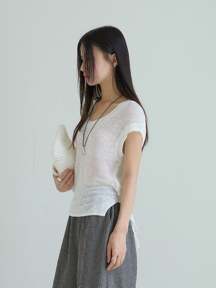 シアーサマーニットリボン付きトップス