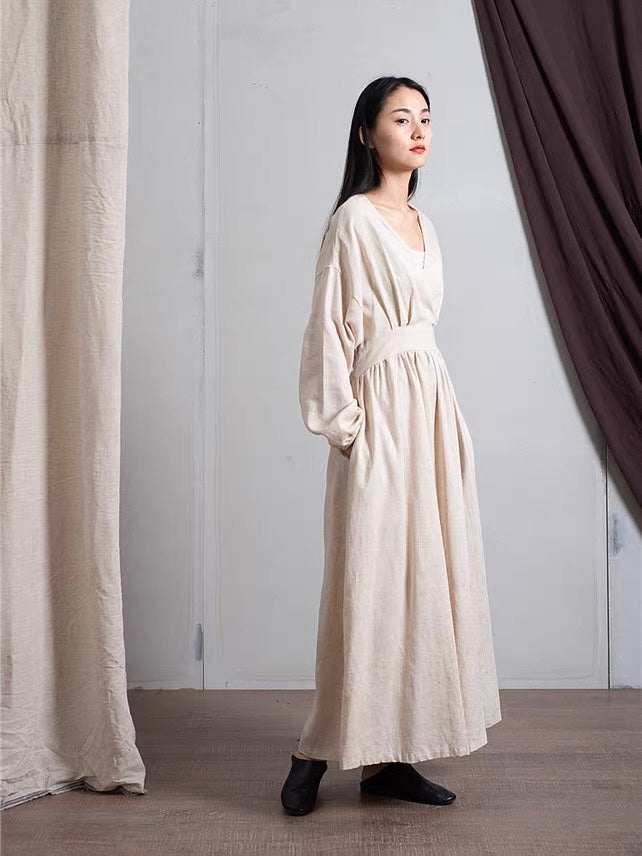 ナチュラルリネンフレア切り替えロングワンピース