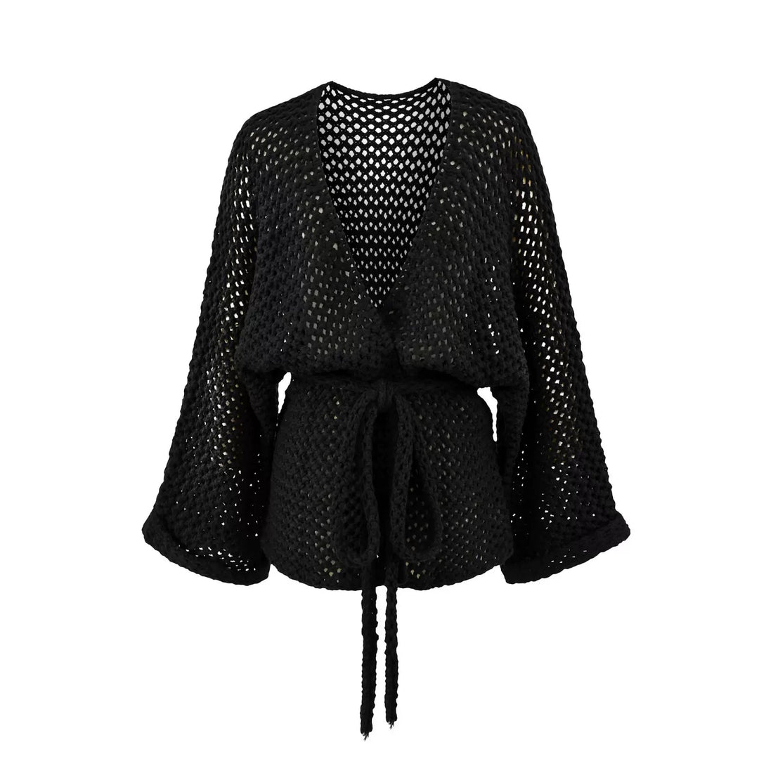 メッシュニットソリッドカラーラップカーディガン