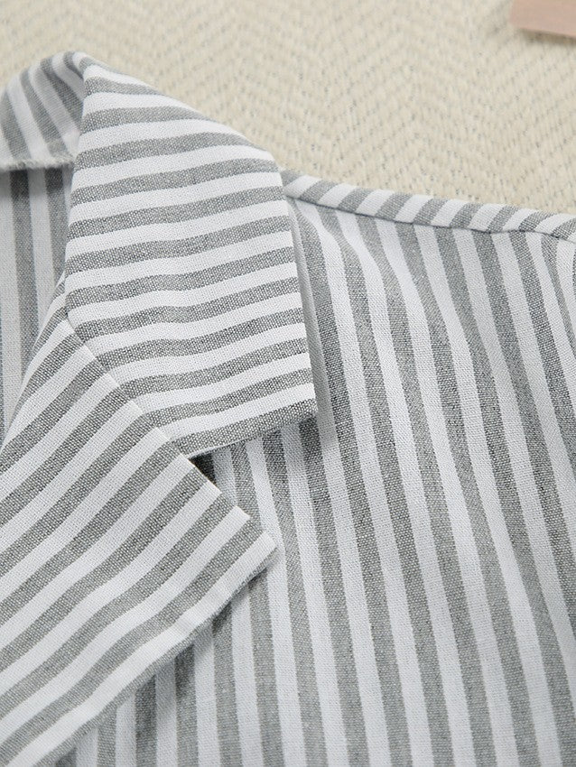 ストライプ長袖シャツダブルウエストパンツセット