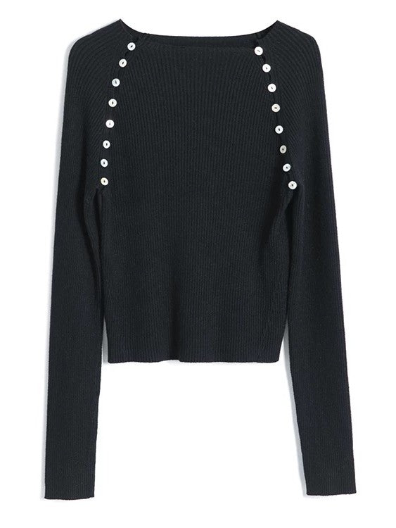 サイドシェルボタンリブニットトップス