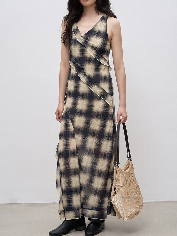 サイドフリルスリットチェックワンピース