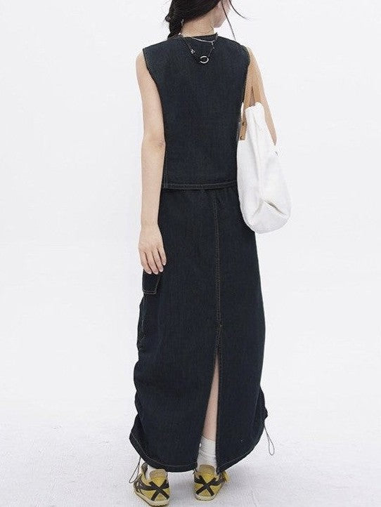 ノンウォッシュデニムベストスカートセット