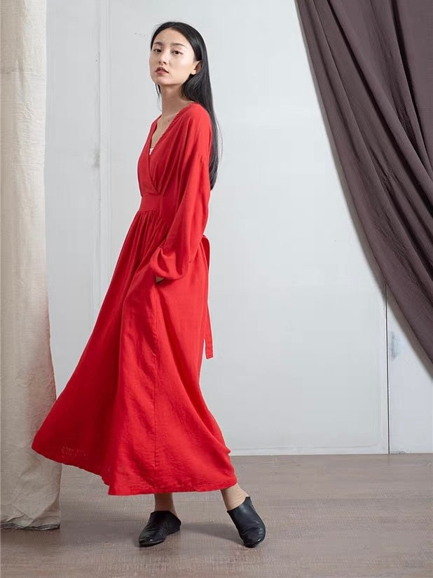 ナチュラルリネンフレア切り替えロングワンピース