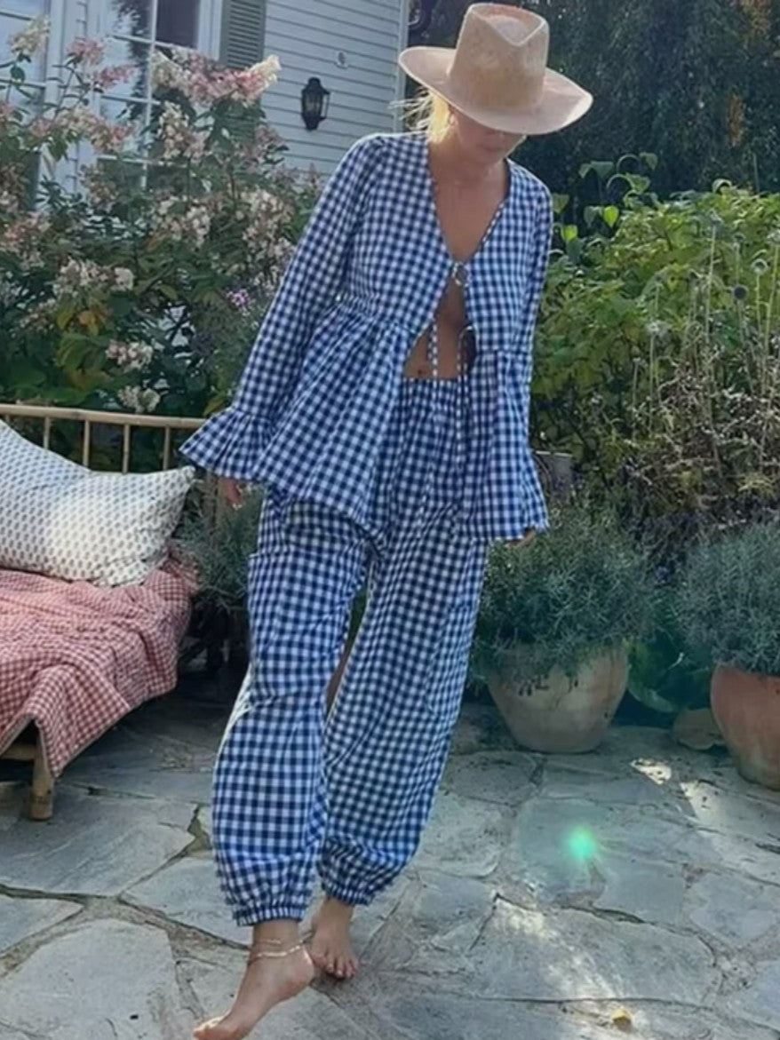 【アウトレット】(即納) チェック柄タイフロントブラウスジョガーパンツセット