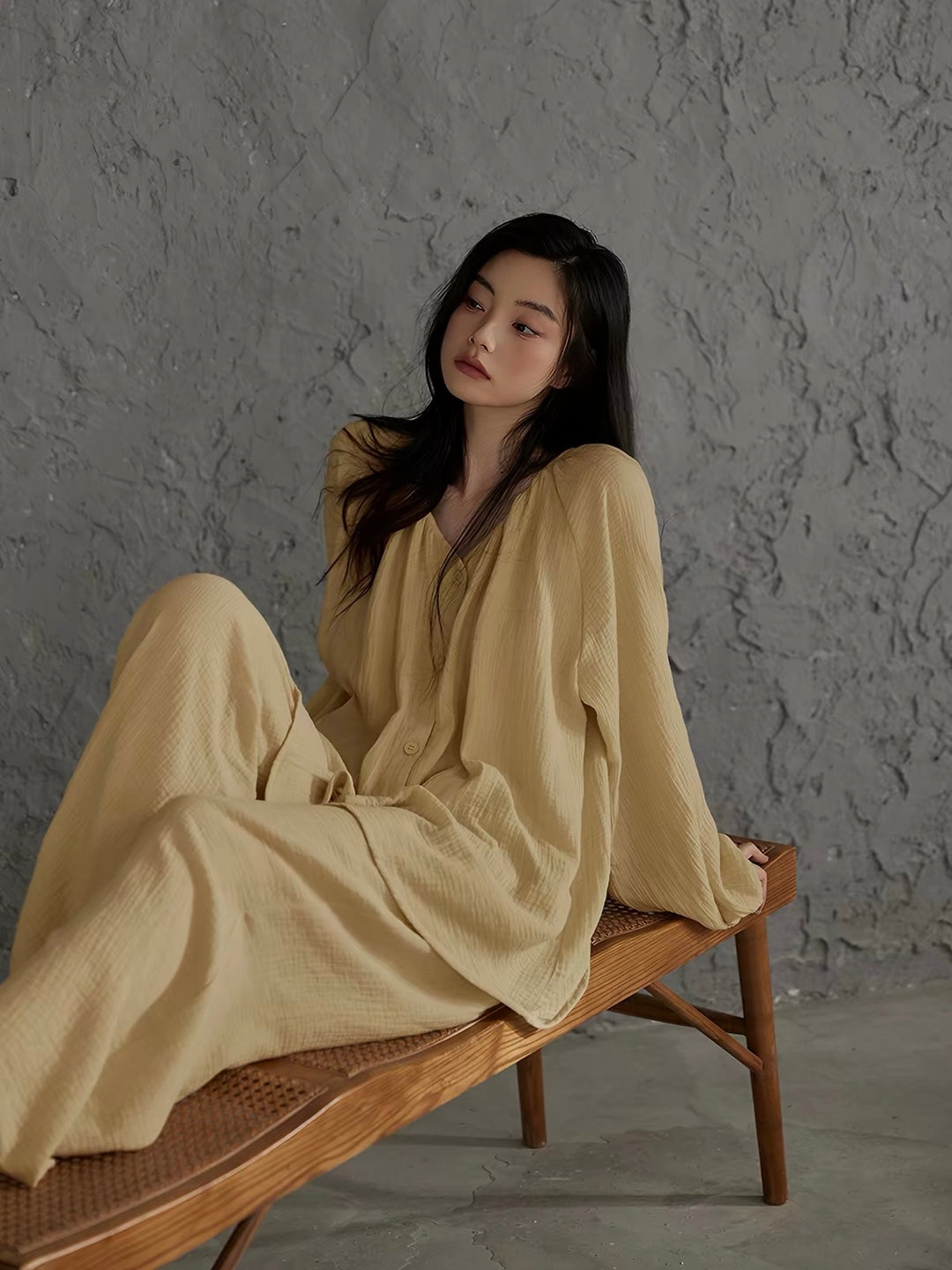 【wabi sabi】リップルコットンノーカラーカーディガンセットアップ