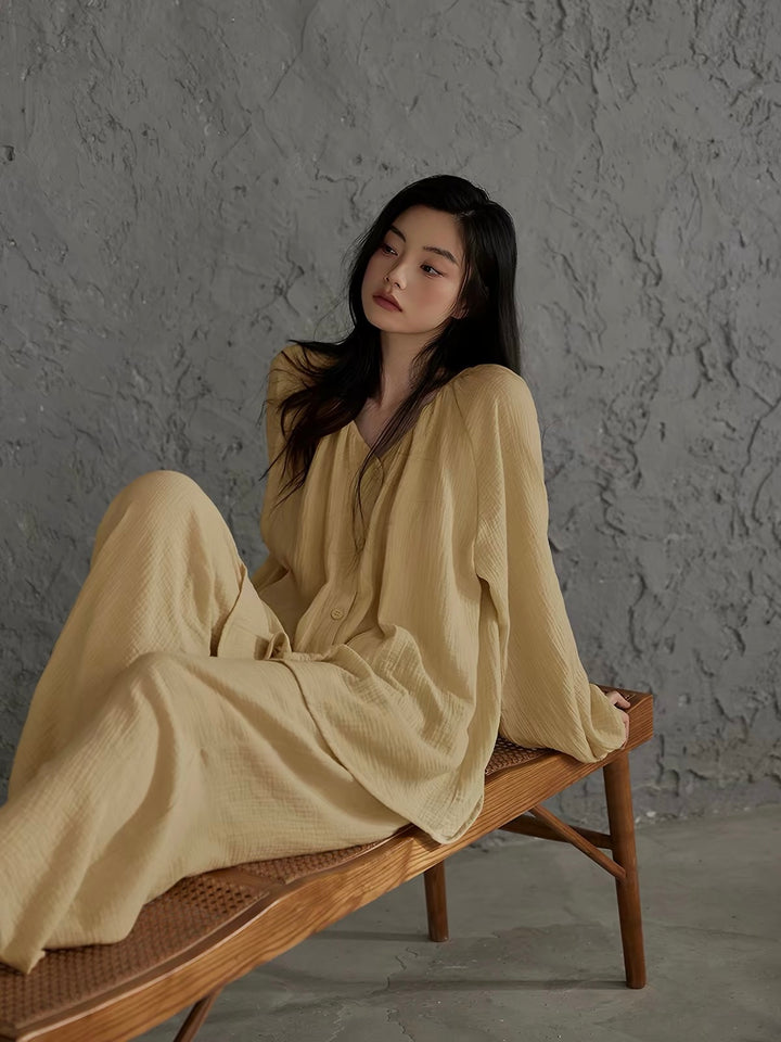 【wabi sabi】リップルコットンノーカラーカーディガンセットアップ
