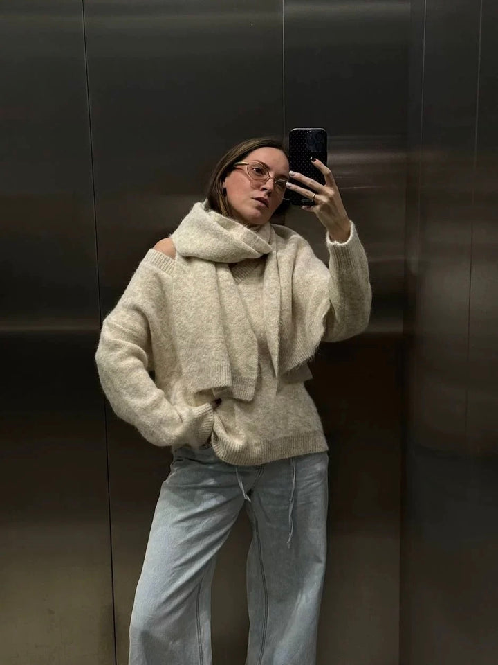 マフラー付きVネックセーター