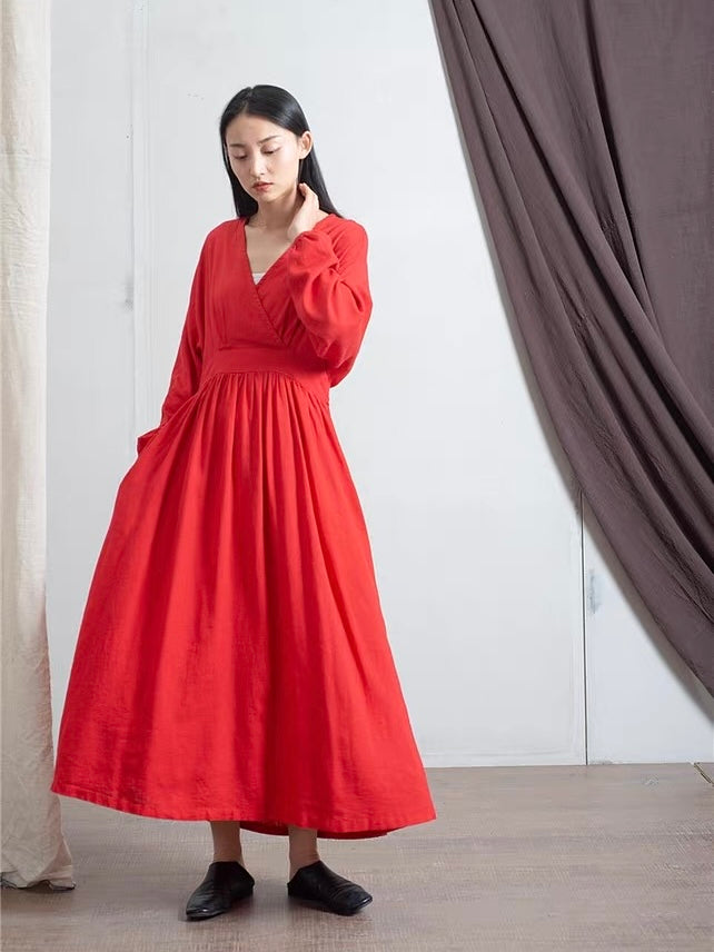 ナチュラルリネンフレア切り替えロングワンピース