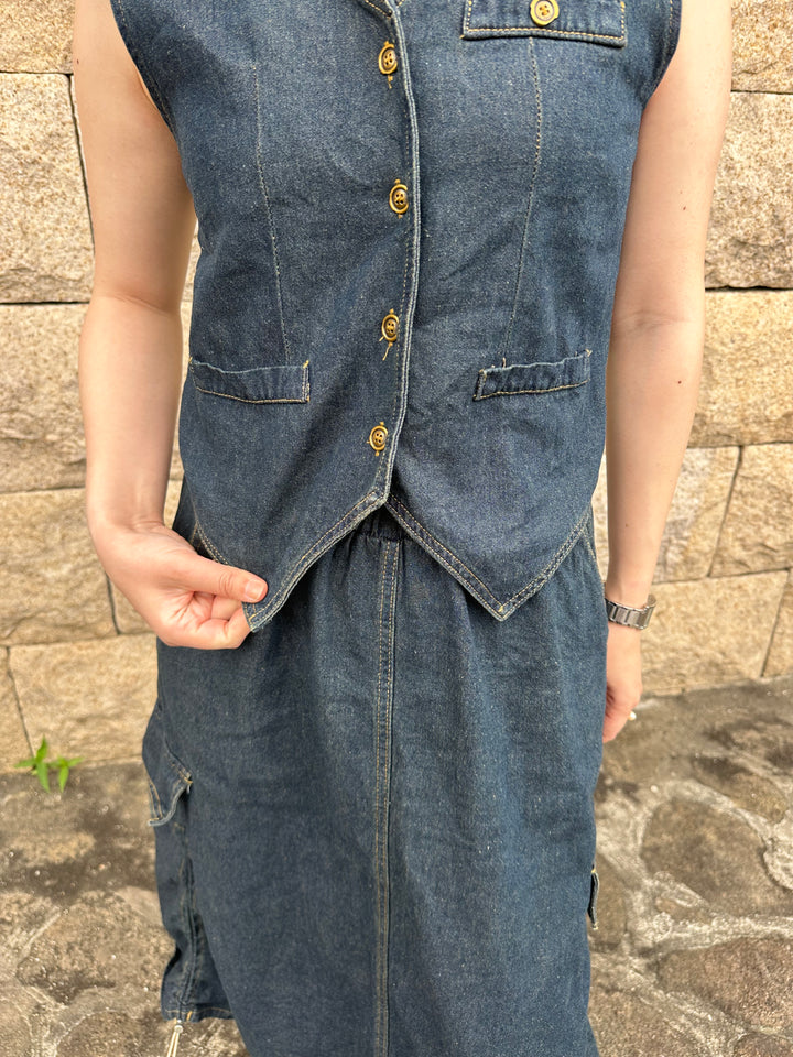 ノンウォッシュデニムベストスカートセット