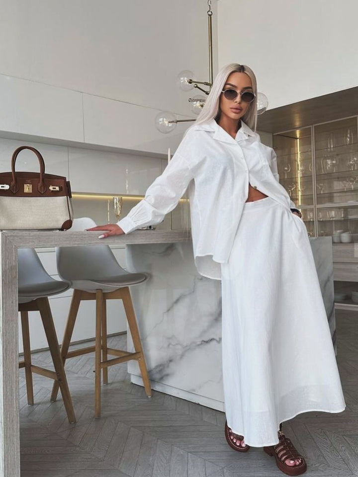 ホワイトルーズシャツフレアスカートセット