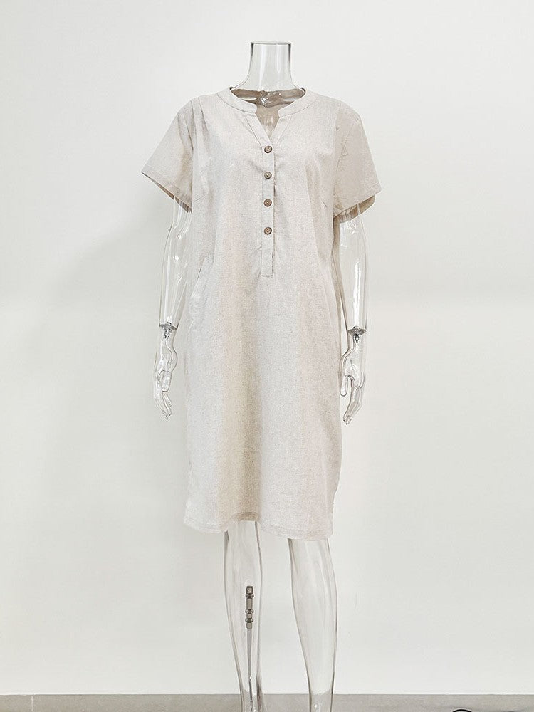 リネンブレンドキーネックチュニックワンピース