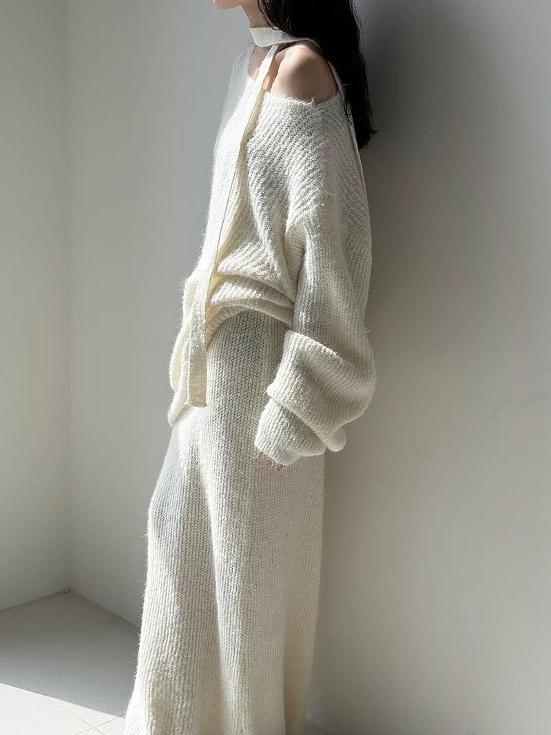 ウール混ニットリボン付きセータースカートセット