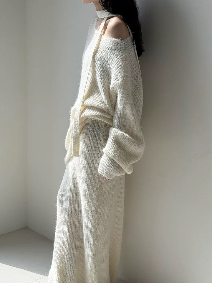 ウール混ニットリボン付きセータースカートセット