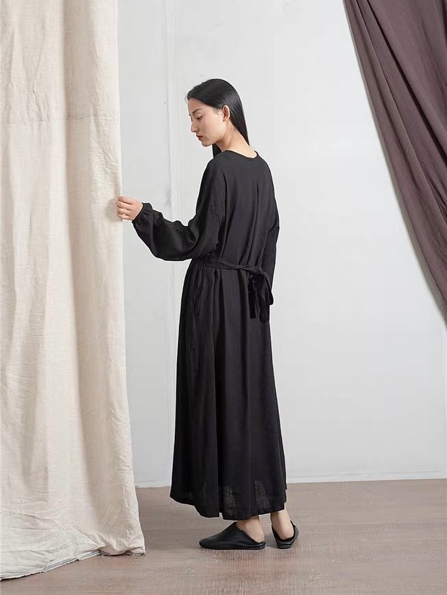 ナチュラルリネンフレア切り替えロングワンピース