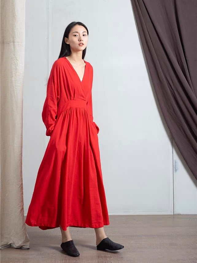 ナチュラルリネンフレア切り替えロングワンピース