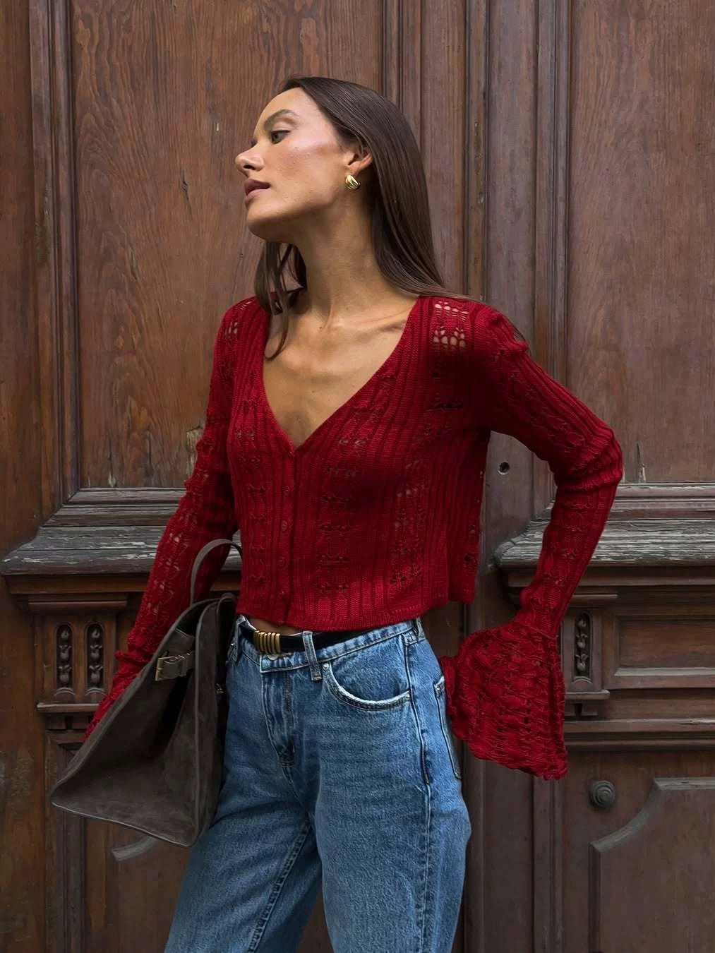 フレアスリーブレースクロップドカーディガン