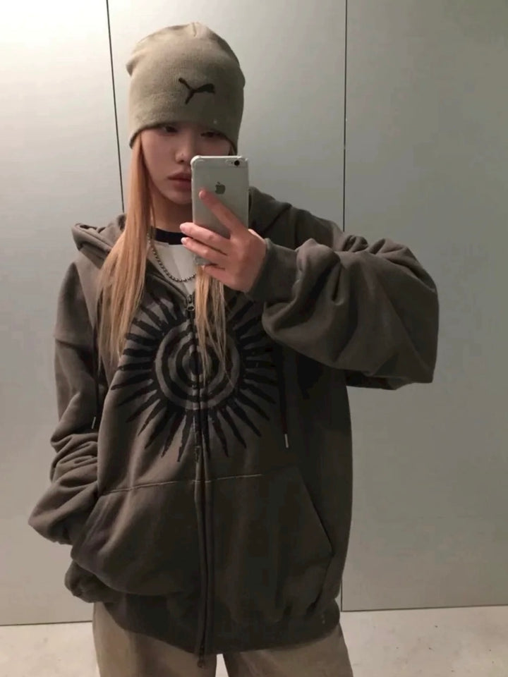 Sun Symbol プリントジップアップフーディー