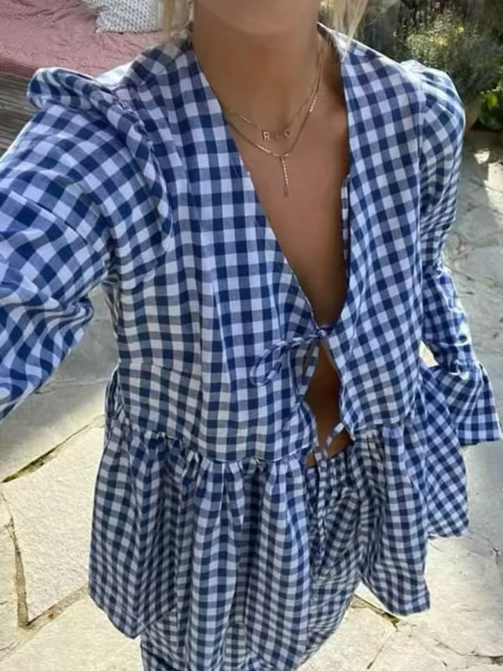 【アウトレット】(即納) チェック柄タイフロントブラウスジョガーパンツセット