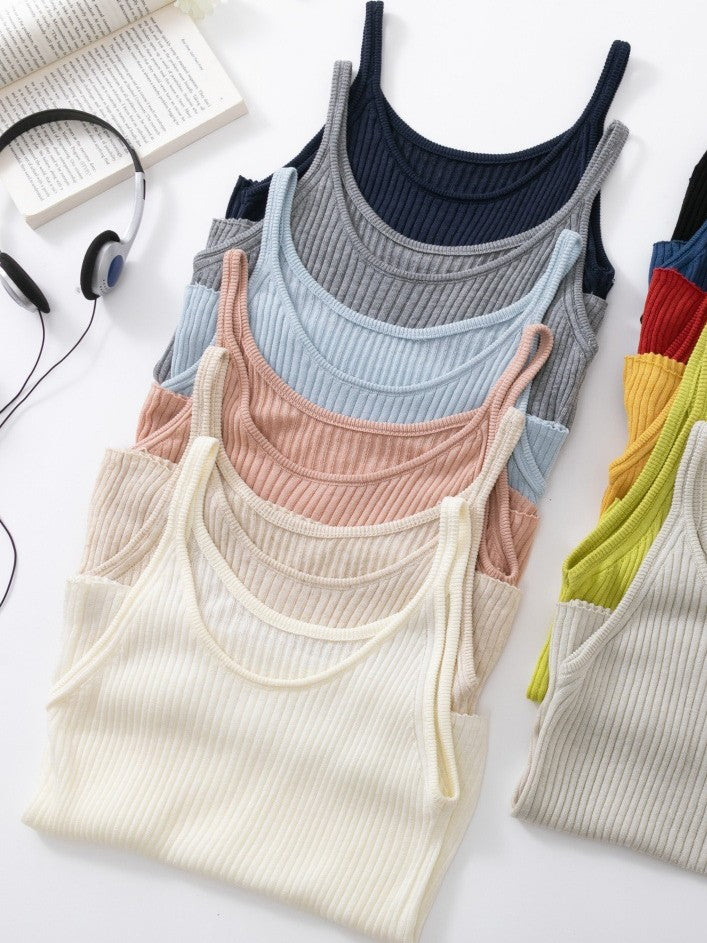 リネンブレンドUネックリブタンクトップ（パステル）
