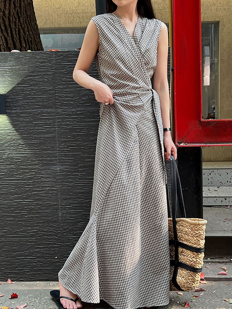 チェック柄カシュクールデザインワンピース