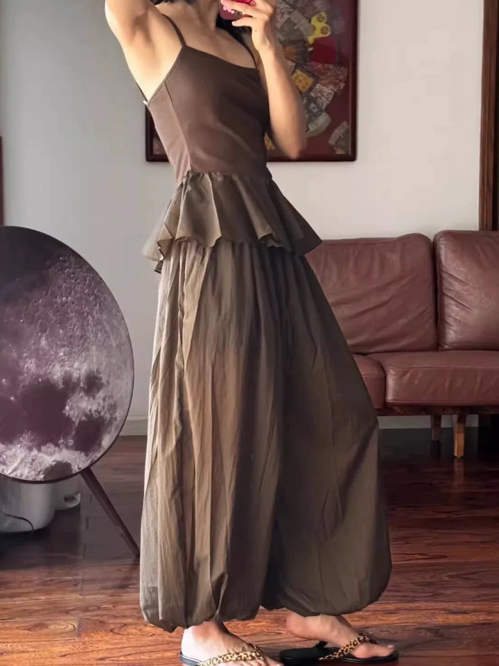 ぺプラムリブ切り替えキャミソールトップス