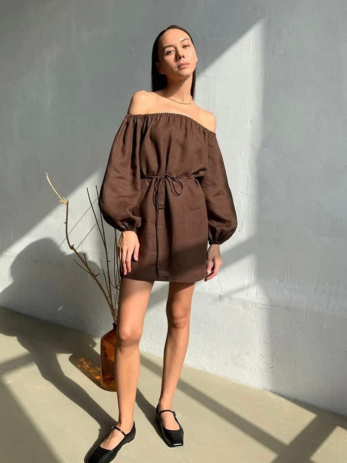 バルーンスリーブオフショルミニワンピース