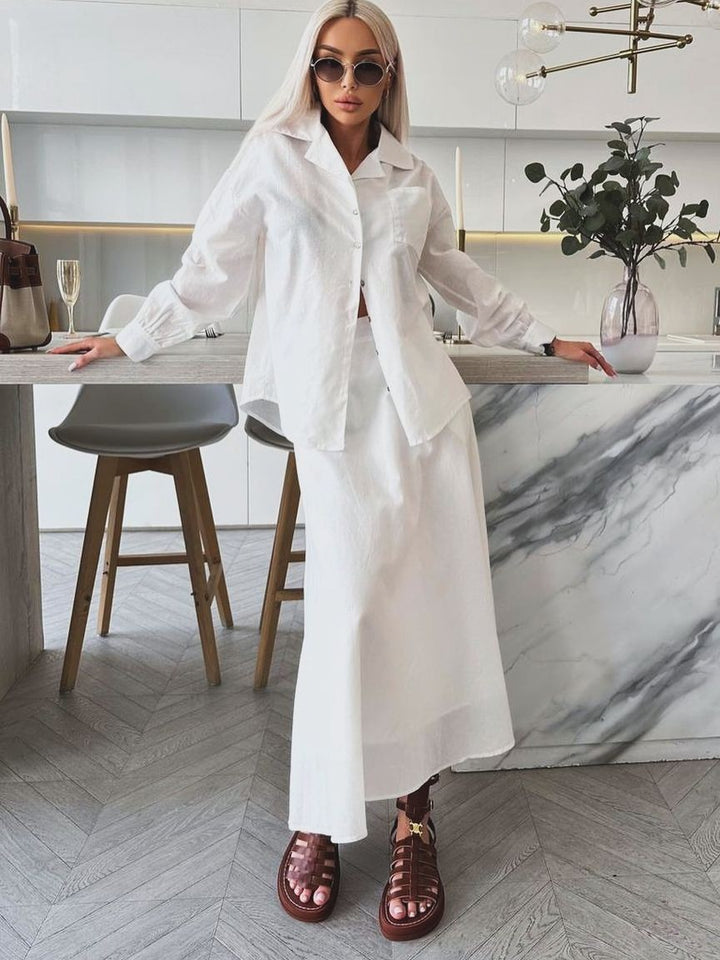 ホワイトルーズシャツフレアスカートセット