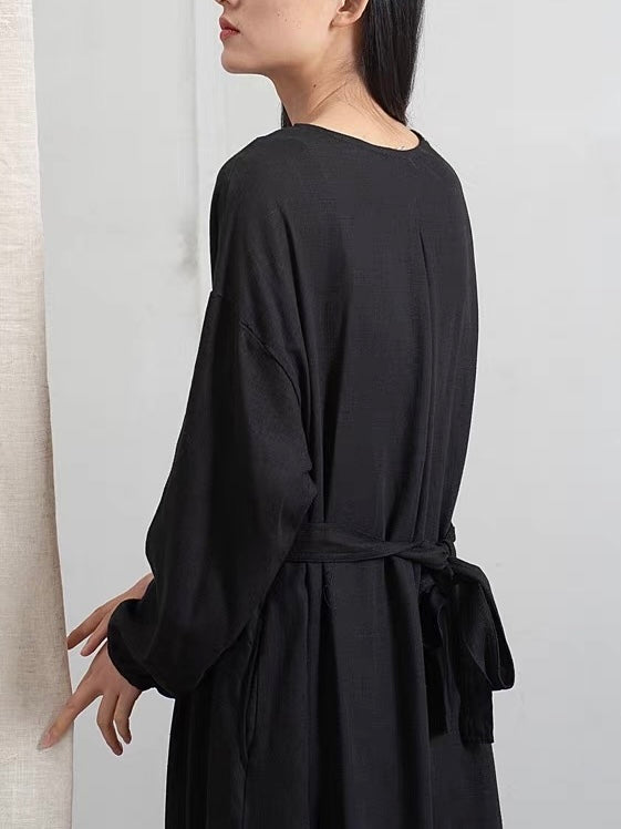 ナチュラルリネンフレア切り替えロングワンピース