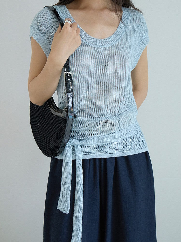 シアーサマーニットリボン付きトップス