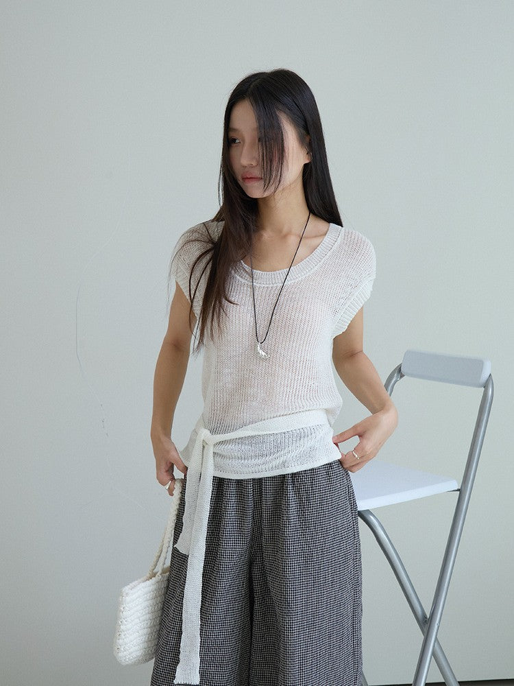 シアーサマーニットリボン付きトップス