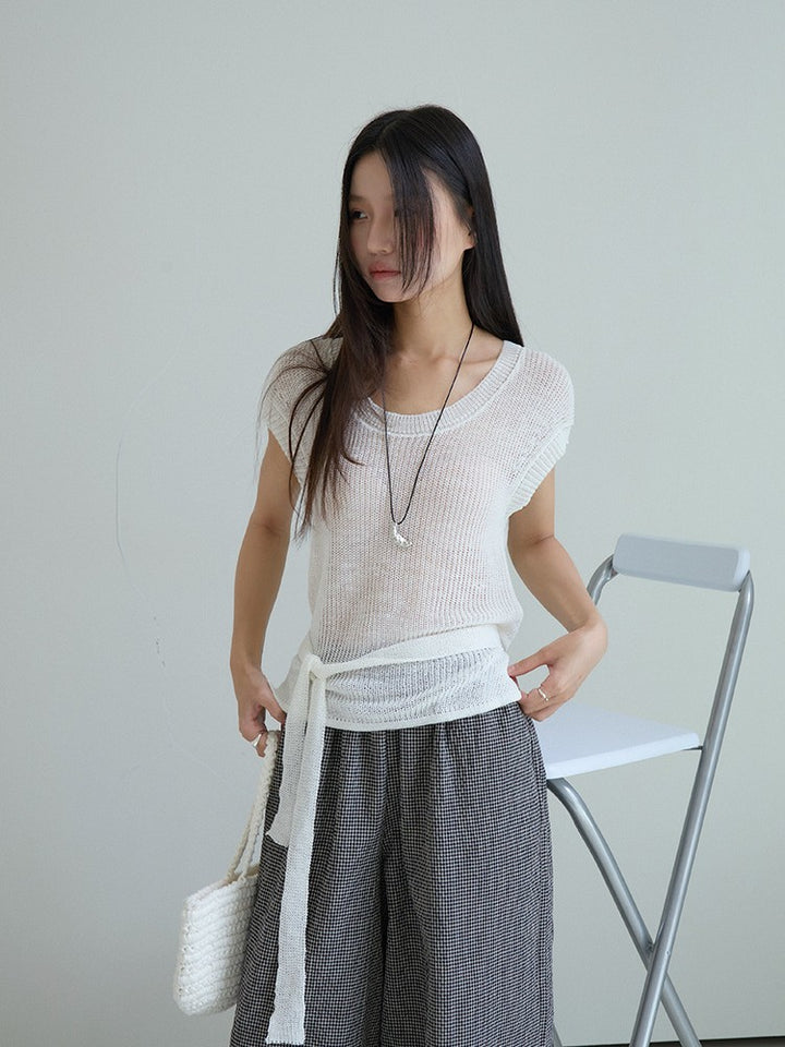 シアーサマーニットリボン付きトップス