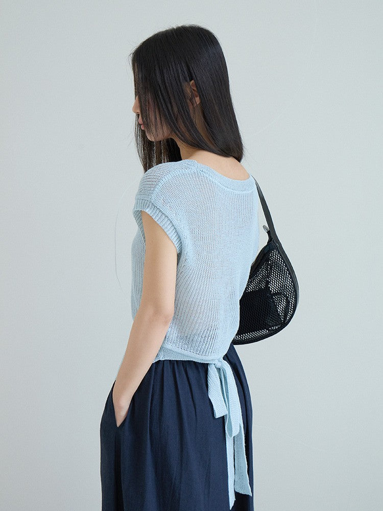 シアーサマーニットリボン付きトップス