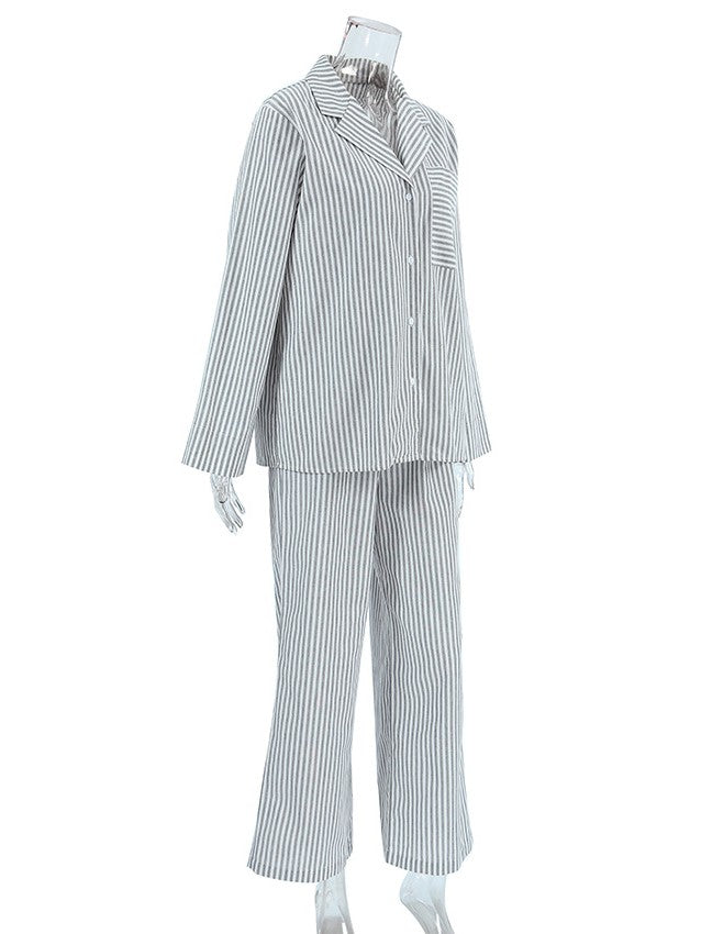 ストライプ長袖シャツダブルウエストパンツセット