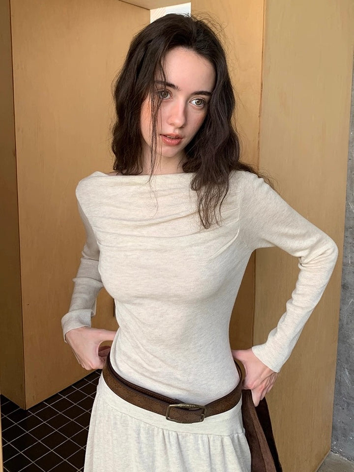 ウール混オフショルドレープトップス