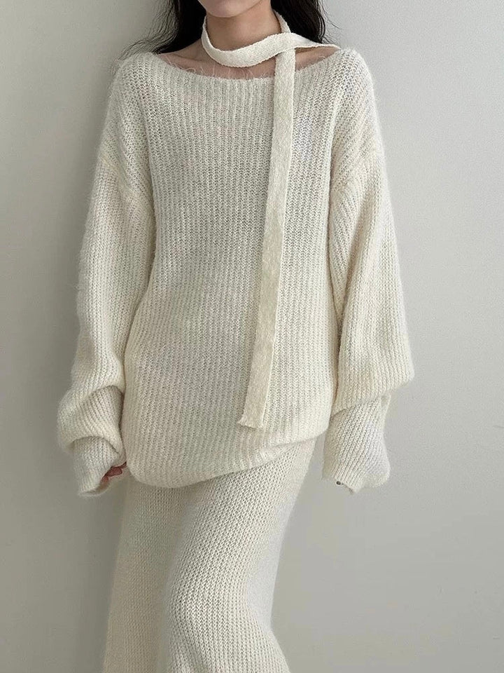 ウール混ニットリボン付きセータースカートセット