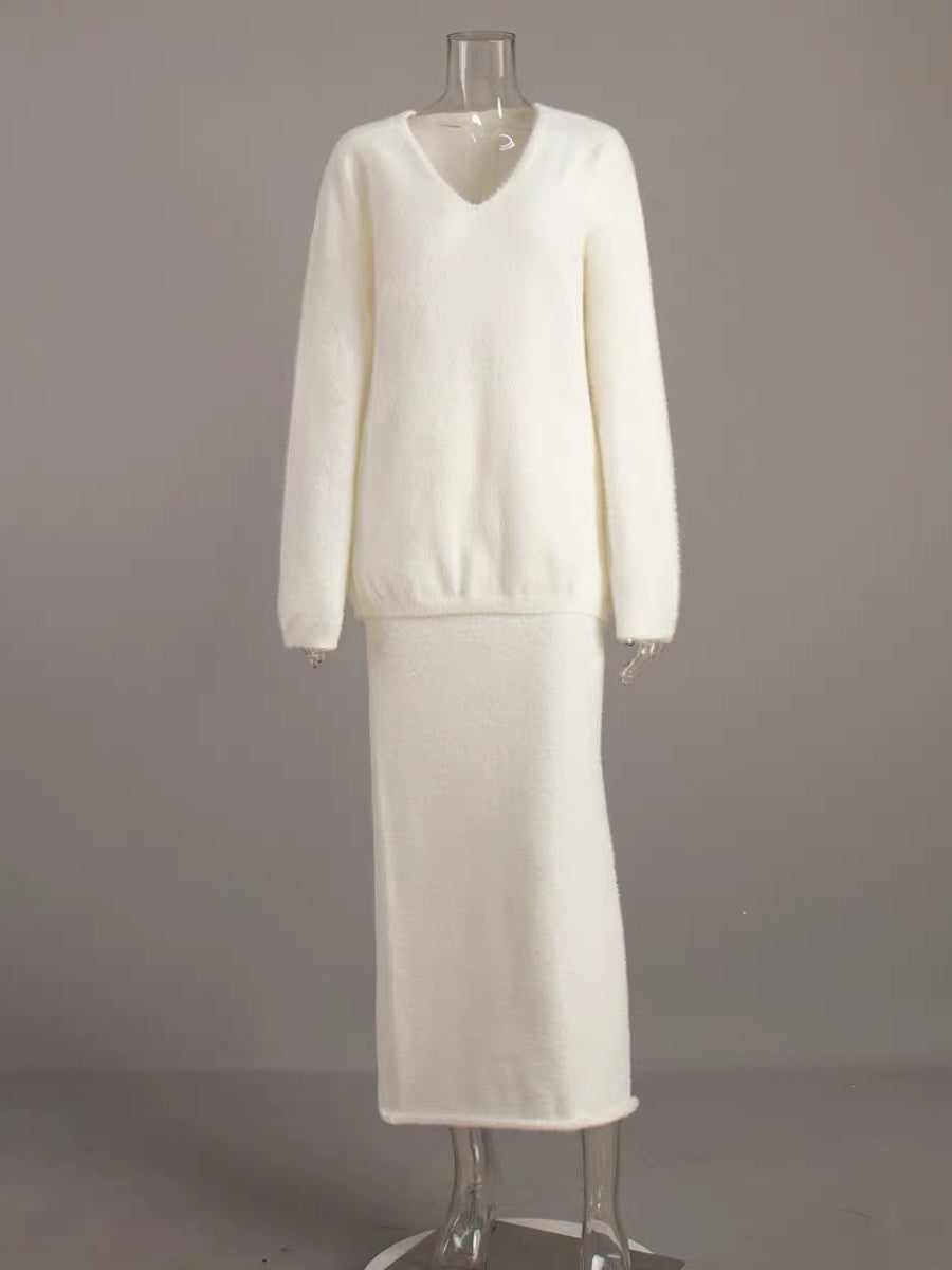 シャギーニットルーズセータースカートセット