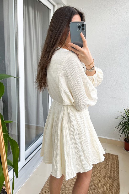 コットンモスリンロープベルト付きミニワンピース