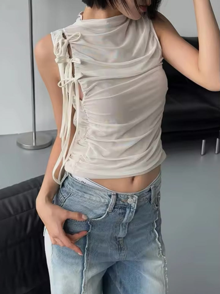 ドレープギャザーリボンチュールタンクトップ