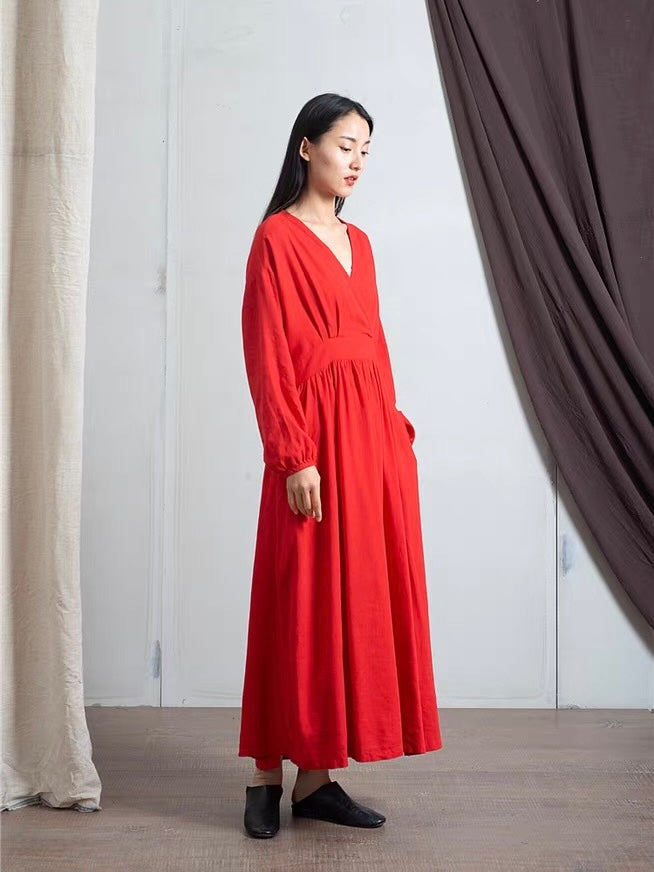 ナチュラルリネンフレア切り替えロングワンピース