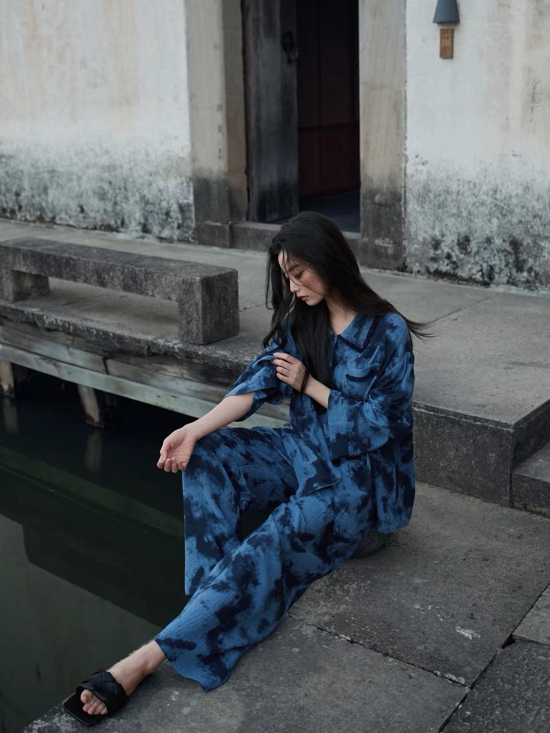 【wabi sabi】ニュアンスタイダイブルーコットンセットアップ