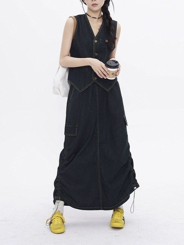 ノンウォッシュデニムベストスカートセット